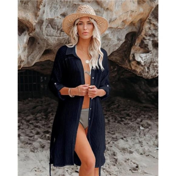 Womens Beachwear Cover Up, Long Sleeve Button Down Beach Shirt with Belt - Picture 7 of 8